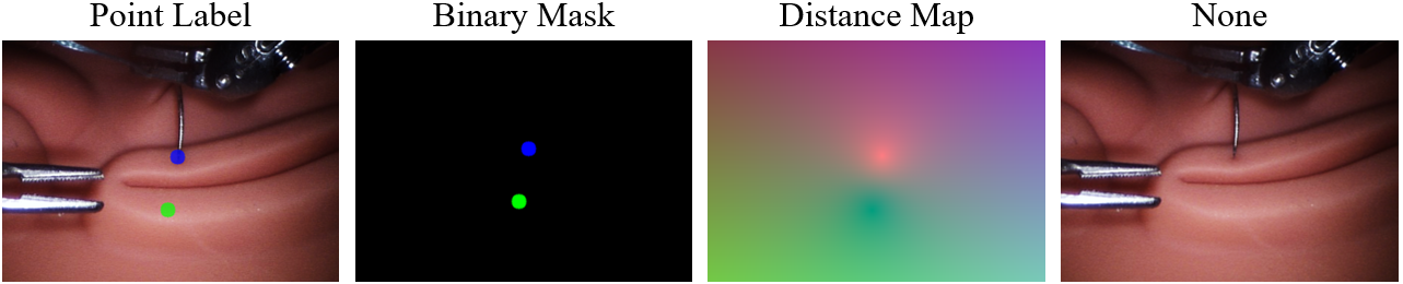 Goal condition representations: Point Label, Binary Mask, Distance Map, and None.
